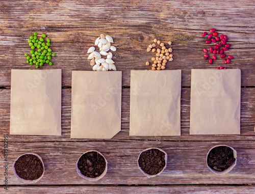 agricultural seeds in paper packets next to small pots with soil for planting on a rustic wooden table, top view. concept of farming, gardening, planting organic natural products