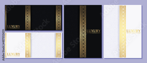 black and gold geometric pattern cover and card