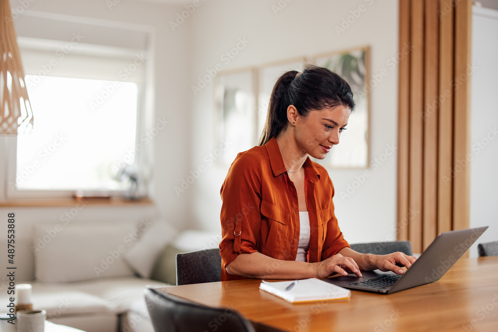 Cheerful adult woman, making her schedule for work, writing it on laptop. Cheerful adult woman, making her schedule for work, writing it on laptop.
