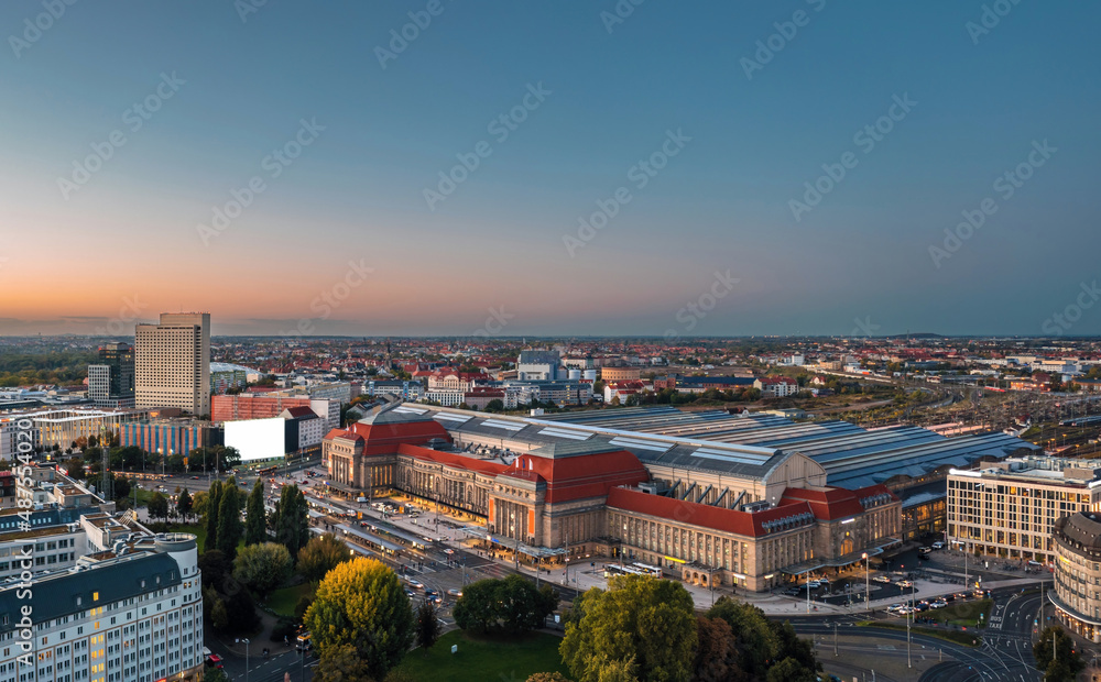 Aerial evening view on Leipzig Central railway station (Hauptbahnhof)