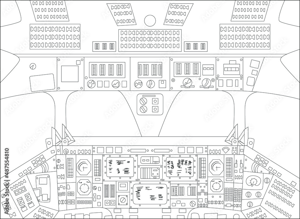 Spaceship cabin from inside, black and white vector illustration