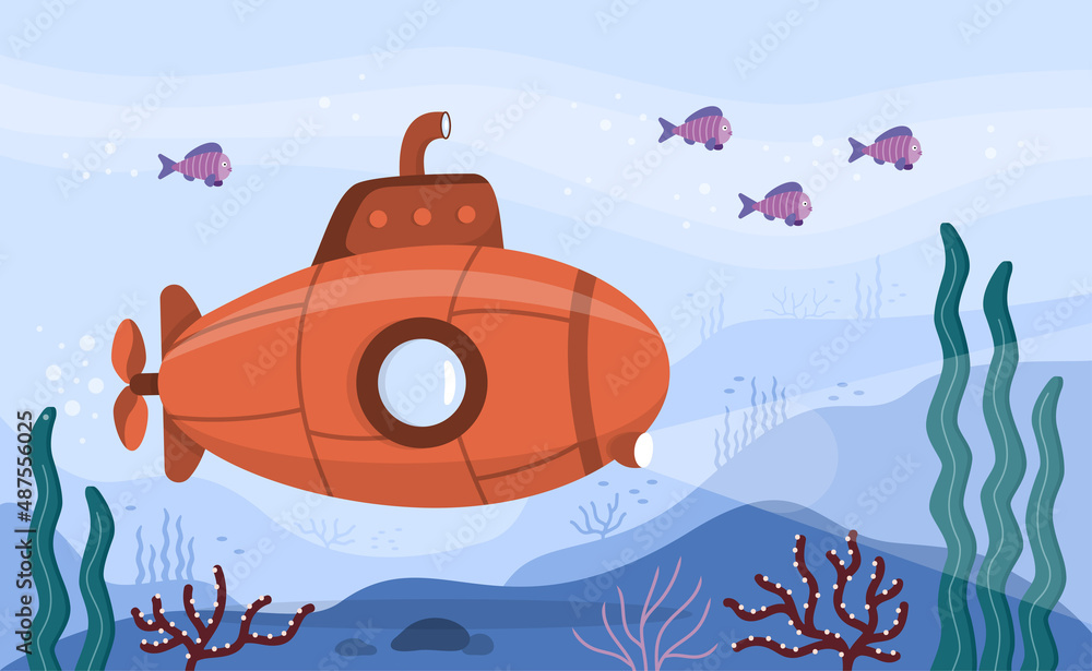 Fototapeta premium Submarine sea concept. Bright submarine with periscope underwater. Ocean bottom with fish, corals, seaweed. Colorful blue ocean landscape. Cute vector illustration.
