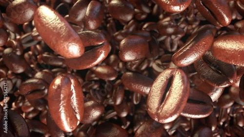 Roasted coffee beans floating in space falling very slowly close to camera. Slow motion, close-up.