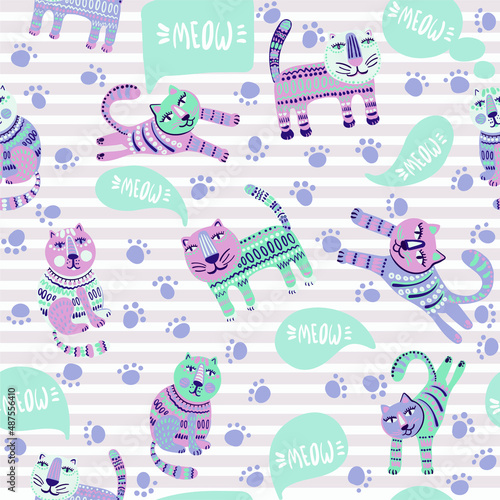 Cute and trendy vector seamless pattern with decorative drawn cats and "Meow" text. talking funny pets in a template for print and design of children's products.