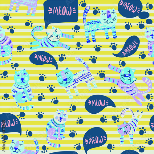 Cute and trendy vector seamless pattern with decorative drawn cats and "Meow" text. talking funny pets in a template for print and design of children's products.