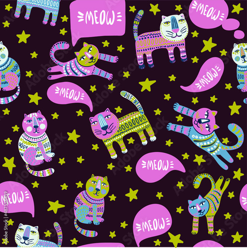 Cute and trendy vector seamless pattern with decorative drawn cats and "Meow" text. talking funny pets in a template for print and design of children's products.