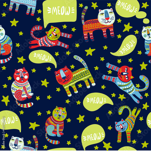 Cute and trendy vector seamless pattern with decorative drawn cats and "Meow" text. talking funny pets in a template for print and design of children's products.
