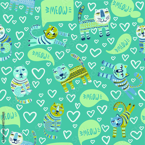 Cute and trendy vector seamless pattern with decorative drawn cats and "Meow" text. talking funny pets in a template for print and design of children's products.