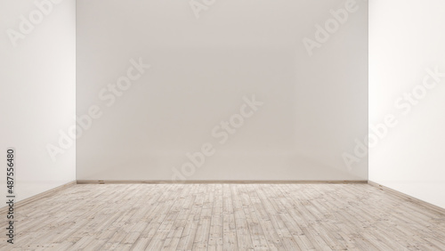 3d empty room illustration, white walls with oak hardwood floor, blank space visualization, 3d interior room design, indoor render, artwork, minimalist digital white living room stage