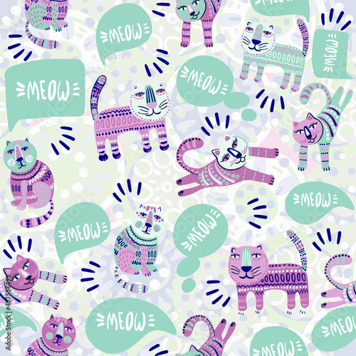 Cute and trendy vector seamless pattern with decorative drawn cats and "Meow" text. talking funny pets in a template for print and design of children's products.