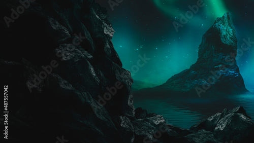 Futuristic fantasy landscape, sci-fi landscape with planet, neon light, cold planet. Metaverse. Galaxy, unknown planet. Dark natural scene with light reflection in water. Neon space galaxy portal. 3d 