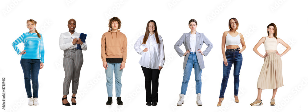 Obraz premium Set of different, multi ethnic people, men and women standing isolated over white background, Horizontal flyer, banner. Models in casual clothes
