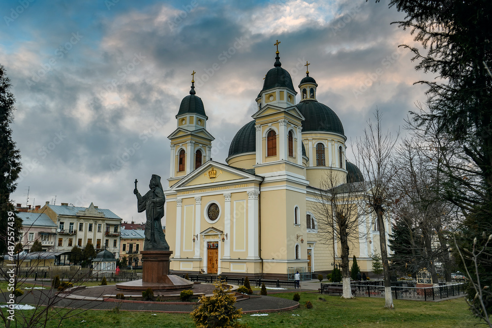 Monument of Metropolitan Eugene Hakman in front of Cathedral of the Holy Spirit in Chernivtsi, Ukraine. December 2021