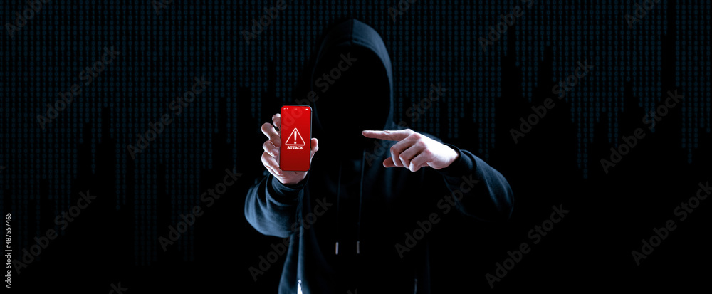 Cyber security hacker smartphone. Internet web hack technology. Digital mobile phone in hacker man hand isolated on black banner. Data protection, secured internet access, cybersecurity. - obrazy, fototapety, plakaty 