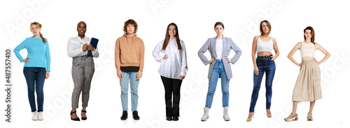 Set of different, multi ethnic people, men and women standing isolated over white background, Horizontal flyer, banner. Models in casual clothes