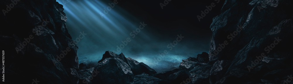 Futuristic fantasy landscape, sci-fi landscape with planet, neon light, cold planet. Metaverse. Galaxy, unknown planet. Dark natural scene with light reflection in water. Neon space galaxy portal. 3d 