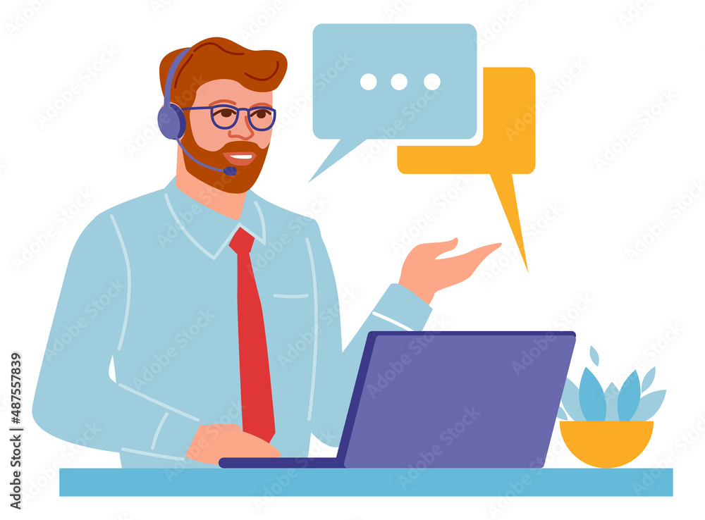 Support service operator at work. Man in headset chatting with customer Support service operator at work. Man in headset chatting with customer