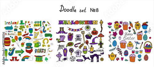 Easter, halloween, saint patrick s day doodle collections. Vector hand drawings ilustration isolated Background. Big set of sketches