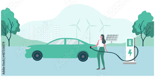 Electric car, EV car concept, man charging battery at charging station with solar panels and wind turbines.  Sustainable green energy for ecology environment. Futuristic transportation