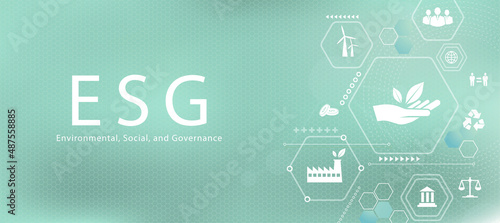 ESG concept. Set of environmental, social and corporate governance icons. Information banner calls to commemorate this company's contribution to environmental, social issues.