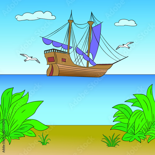 Poster design depicting a historic wooden schooner sailing away from the shore. Happy Columbus Day greeting card, Vector illustration, cartoon