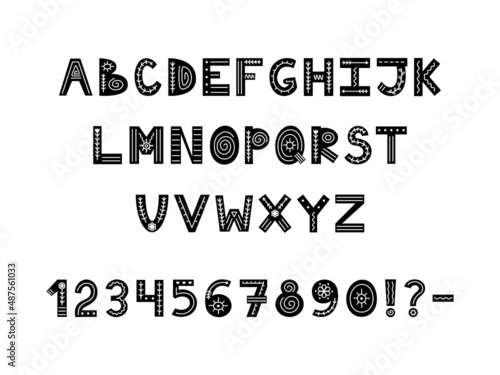 Black and white Scandinavian ornate alphabet with florals and lines. Folk font with letters, numbers and punctuation marks. Latin alphabet in Scandinavian style.