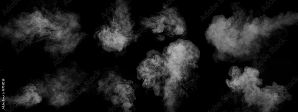 A set of eight different types of swirling, writhing smoke, steam isolated on a black background for overlaying on your photos