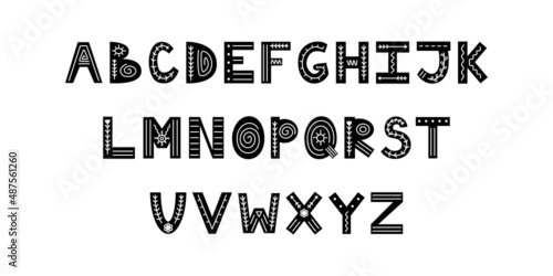 Black and white Scandinavian ornate alphabet with florals and lines. Folk font with English letters. Latin alphabet in Scandinavian style.