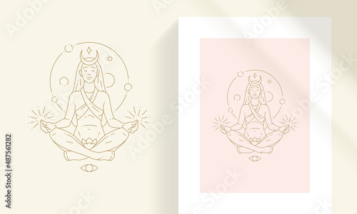 Beautiful bohemian female in yoga pose line art style vector illustration