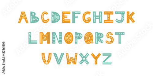 Colorful Scandinavian ornate alphabet with florals and lines. Folk font with English letters. Latin alphabet in Scandinavian style.