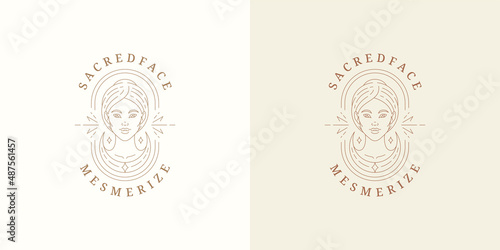 Beauty magic female portrait logo emblem design template vector illustration in minimal line art style