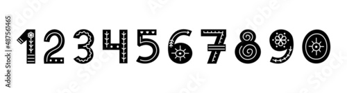 Black and white Scandinavian ornate numbers with florals and lines. Folk font with numbers. Typeface in Scandinavian style.