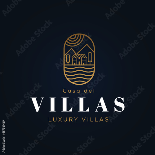 Luxury line residential, hotel, villas, apartment logo. Elegant real estate, villa, boutique, golden house logo. Art Nouveau shop, store, property. Palace, heaven, paradise gate icon