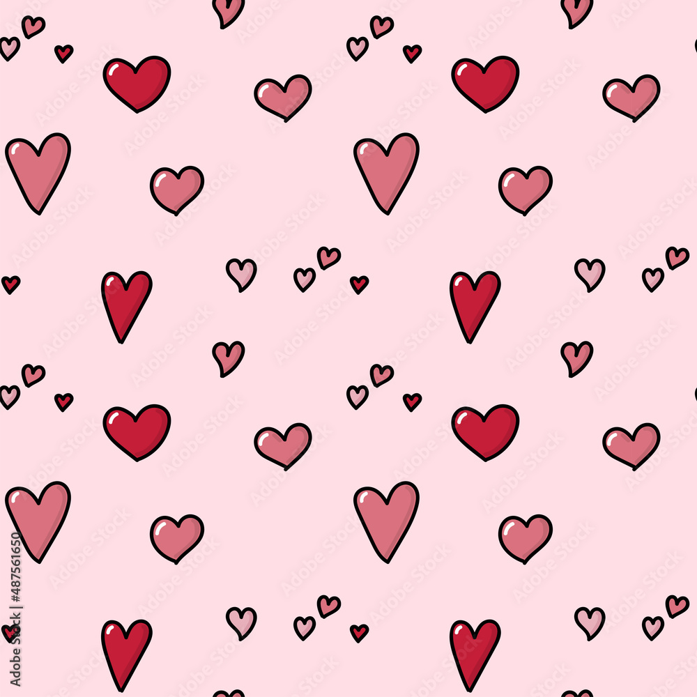 seamless pattern Valentine's day in hand drawn doodle style. romantic pattern with pink and red hearts with black stroke.