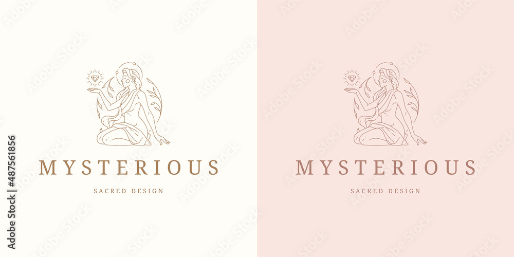 Magic female with leaves logo emblem design template vector illustration in minimal line art style Magic female with leaves logo emblem design template vector illustration in minimal line art style