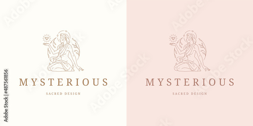 Magic female with leaves logo emblem design template vector illustration in minimal line art style
