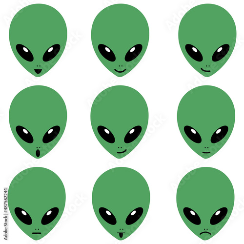 Vector illustration set of green alien heads with different  emotions.