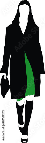 Woman wearing jade green dress and black coat, abstract minimalist vector fashion illustration