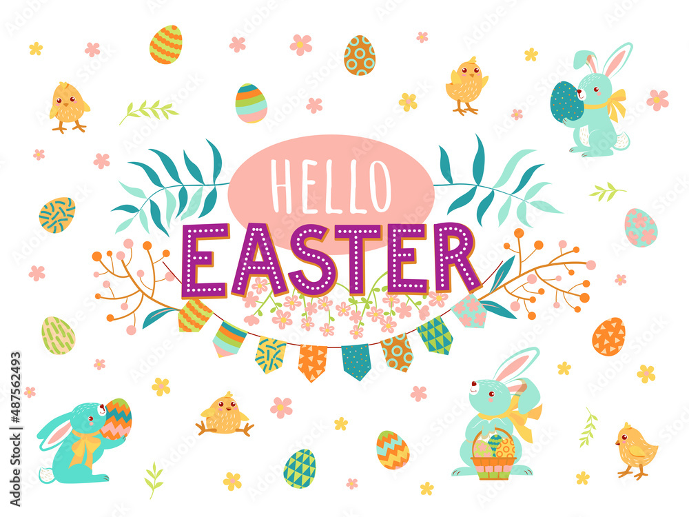 cute rabbits hold Easter eggs, chickens, carrots and various spring plants in their paws. Hello easter inscription. cute rabbits hold Easter eggs, chickens, carrots and various spring plants in their paws. Hello easter inscription.
