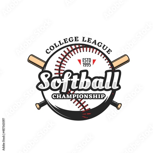 Softball sport icon of vector ball and crossed bats. Softball game team or championship league isolated symbol with pitcher, batter or hitter player sport equipment, bat and ball game sign