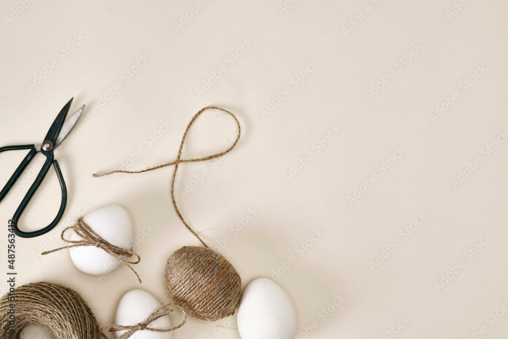 Directly above shot of rustic easter eggs on the bright background