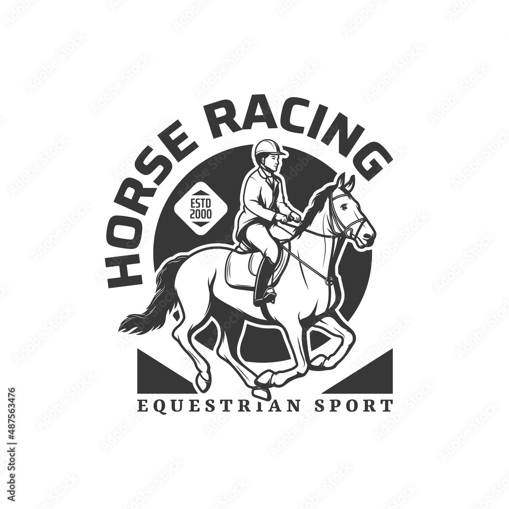 Horse racing sport icon, equestrian riding or steeplechase races tournament vector emblem. Polo jockey on horse for equine rides or hippodrome, premium equestrian sport club symbol
