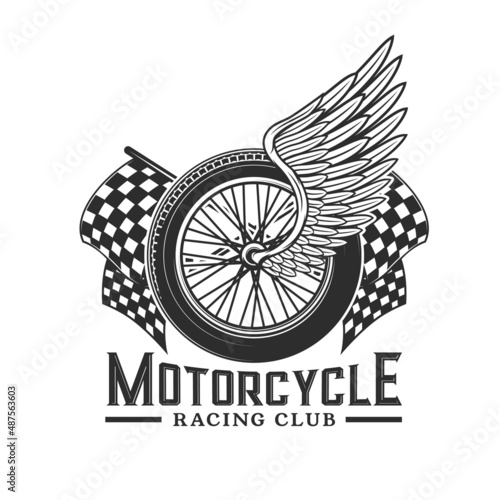 Racing wheel with wings, races icon for motocross or speedway sport. Motorcycle and bike motors racing club vector badge with start and finish flags for custom choppers championship cup or rally