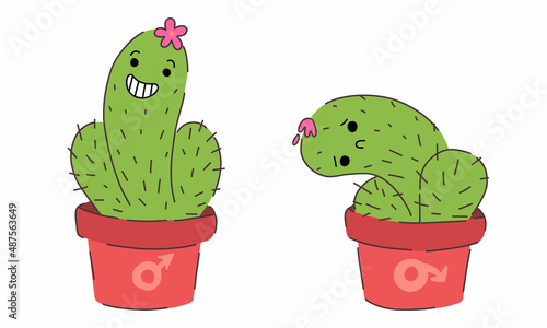 Impotence erection. Soft penis, sluggish erection, premature ejaculation. Erectile dysfunction. Cactus. Sexual disorder. Stock vector illustration.