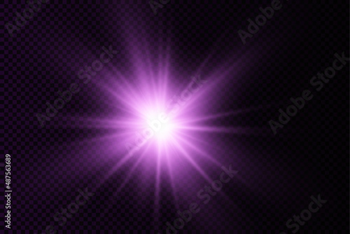 Purple glowing light star, violet burst sun rays.