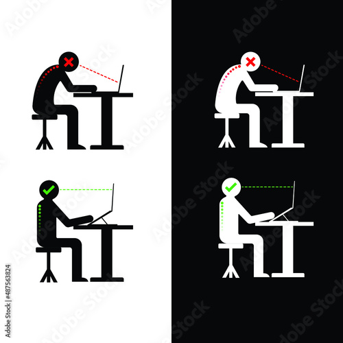 Correct body alignment in sitting working with computer, Sitting position, laptop desk, humpback, sitting upright, sitting rules
