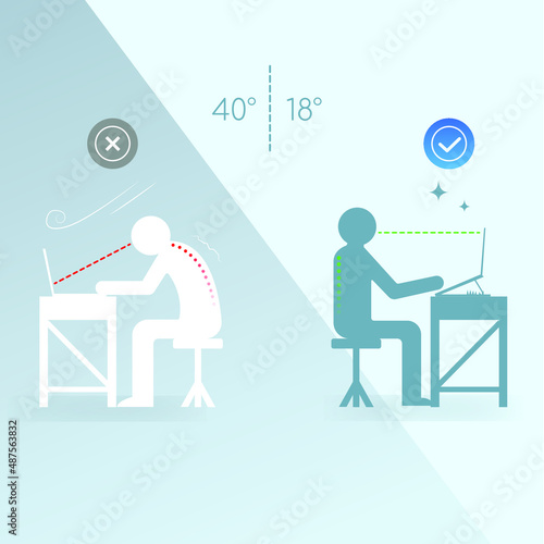 Correct body alignment in sitting working with computer, Sitting position, laptop desk, humpback, sitting upright, sitting rules