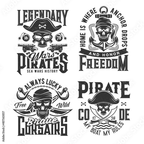 Pirate or buccaneers skulls t-shirt prints. Apparel custom print vector template with filibuster or corsair skulls in tricorne hat and bandana, crossed pirate sabers, cannons and grenades, anchor