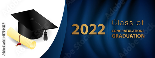 Congratulations on your graduation. Class of 2022. Graduation cap and confetti and balloons. Congratulatory banner in blue. Academy of Education School of Learning