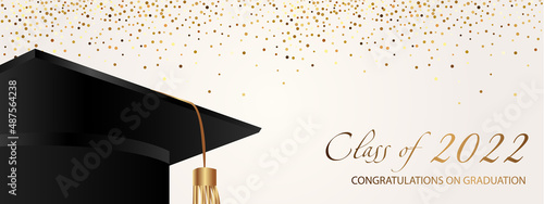 Congratulations on your graduation. Class of 2022. Graduation cap and confetti and balloons. Congratulatory banner in blue. Academy of Education School of Learning